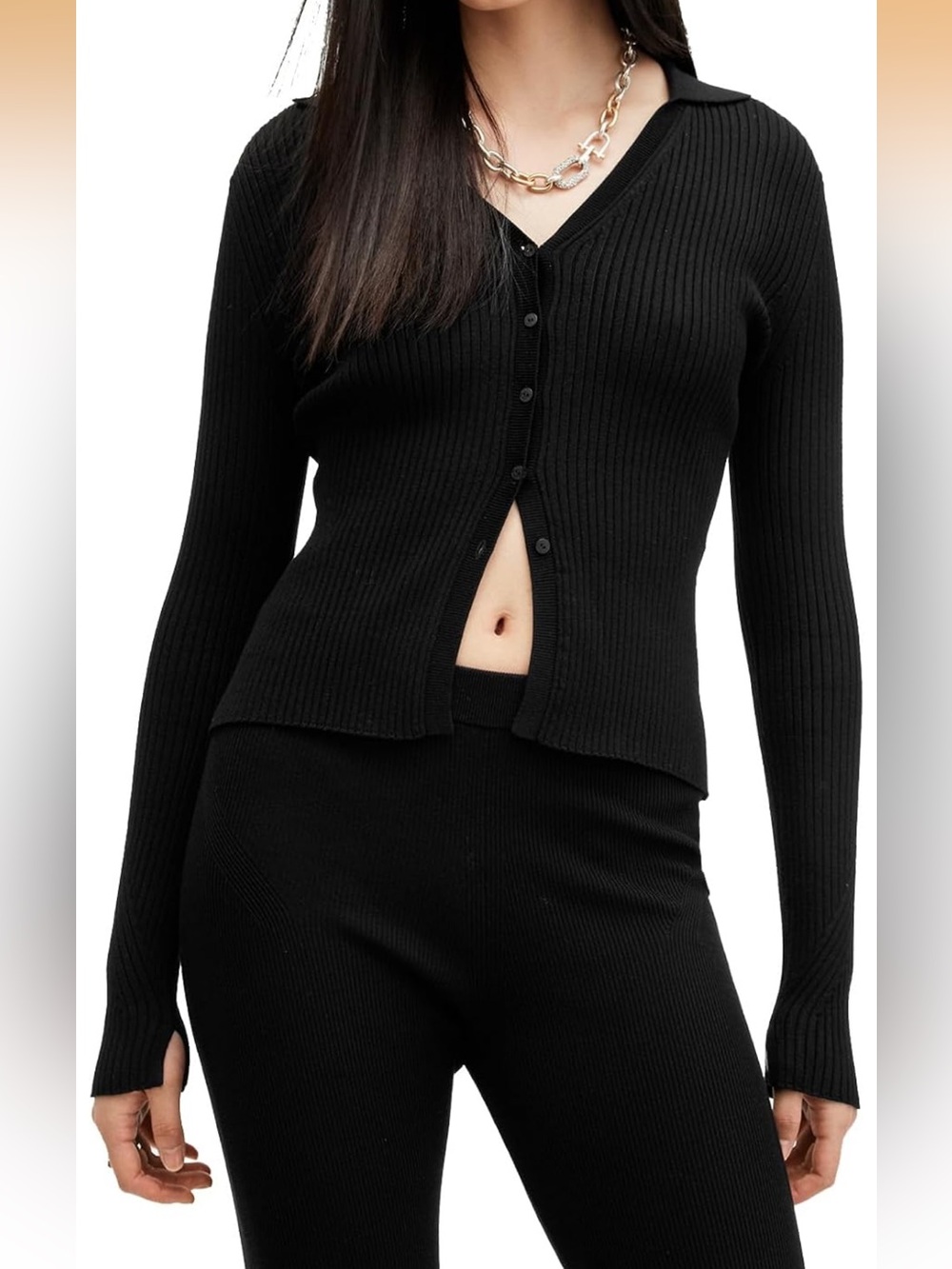All Saints Cruz Ribbed Button-Up Cardigan Small Black